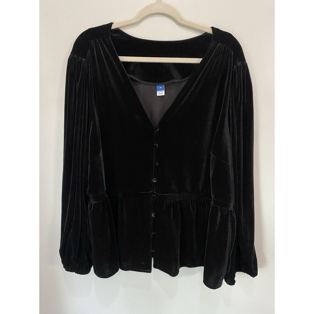 Old Navy Black Velvet Long Balloon Sleeve Peplum Blouse Size 3X Plus Size Party
